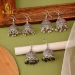 Oxidised Silver Pearl & Beaded Jhumka Earrings Set of 3 for Women