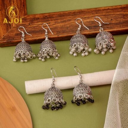 Oxidised Silver Pearl & Beaded Jhumka Earrings Set of 3 for Women