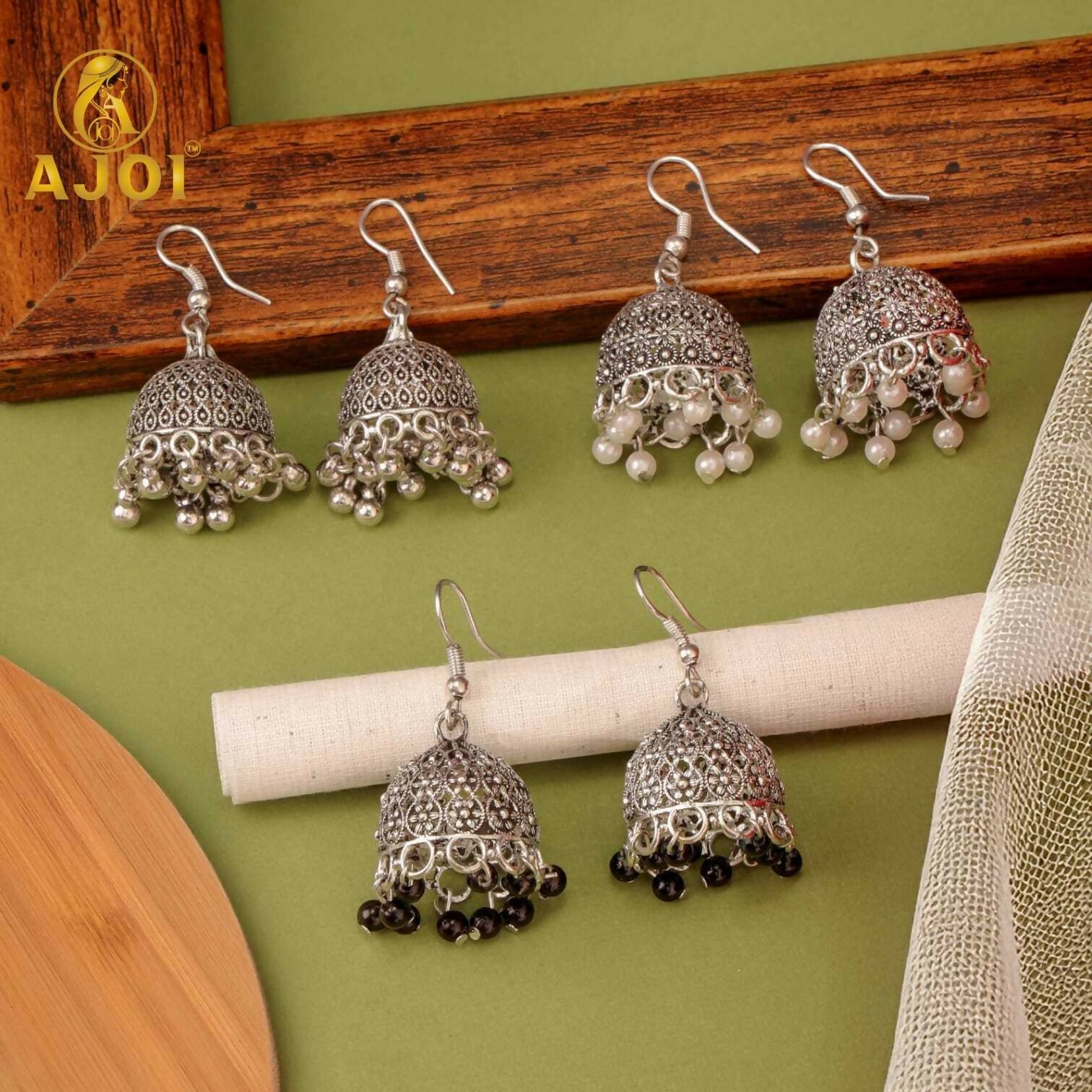 o0z8HIrVBo.jpg Oxidised Silver Pearl & Beaded Jhumka Earrings Set of 3 for Women - Image 1