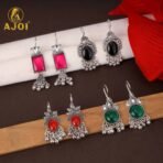 Oxidised Silver Afghani Earrings Combo Set - 4 Pairs with Colored Stones