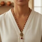 Rudraksha Hanuman Trishul Pendant Gold Beaded Necklace - Image 2