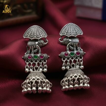 Maharaja Elephant Motif Oxidized Silver Jhumka Earrings