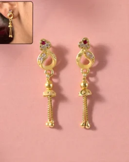 Gold-Plated Traditional Casting Chain Drop Earrings with Ruby and AD Stones