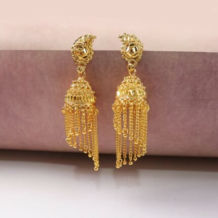 Gold Plated Long Chain Tassel Jhumka Earrings for Women & Girls