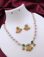 Elegant Gold-Plated Green Stone & Pearl Bridal Jewelry Set with Necklace, Earrings - Image 2