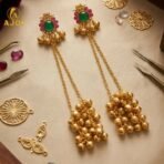 Imperial Kashmiri Gold-Plated Ear Cuff Chain Earrings with Emerald & Ruby Accents