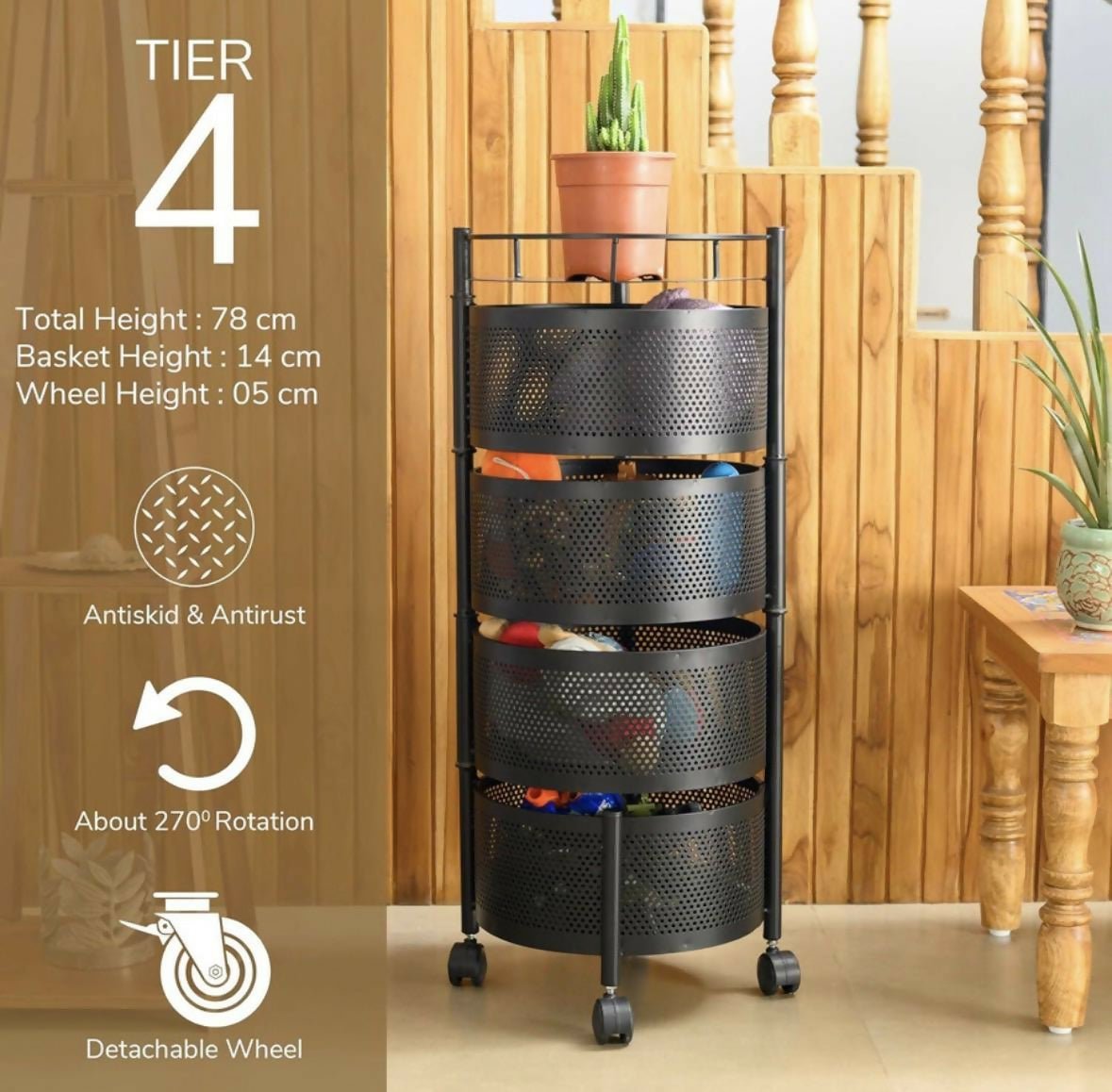 Round 4-Layer Kitchen Trolley with Rust-Resistant Mesh Baskets & 360° Swivel Wheels - Image 5