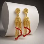 Gold Tone Chain Tassel Jhumka Earrings with Red Beads - Ethnic Dangle - Image 2
