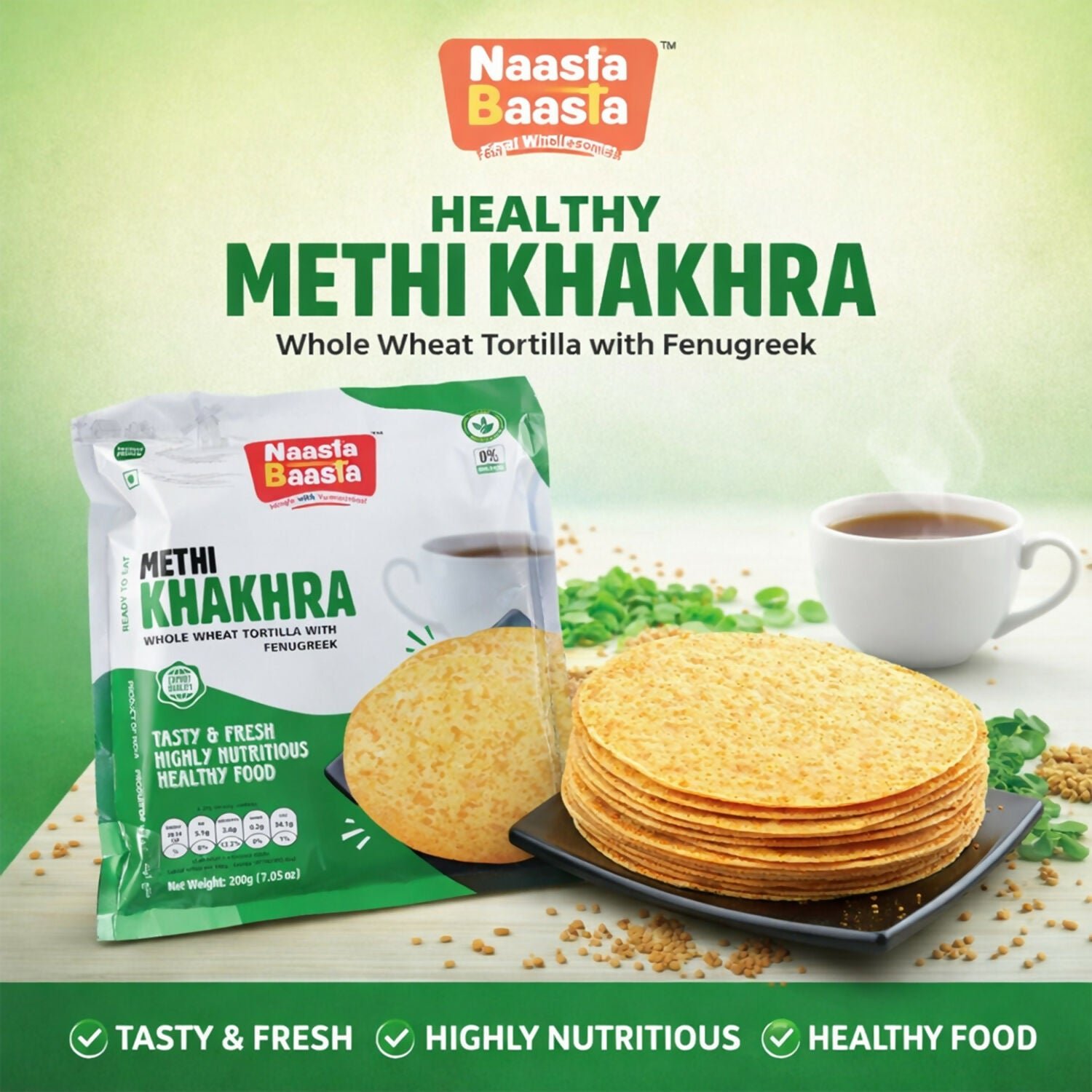 q8lg2aPFLq.jpg Naasta Baasta Methi Khakhra Healthy Whole Wheat Tortilla with Fenugreek Ready To Eat Tasty & Fresh Snack(200gm) - Image 1
