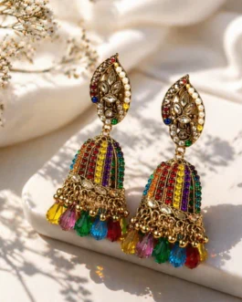 Multicolor Stone Jhumka Earrings with Beads Drop Gold Plated Ethnic Traditional Earrings for Women