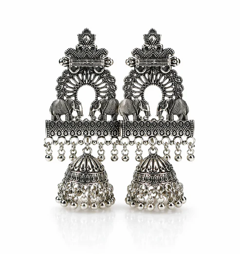 Premium Oxidized Silver-Plated Ethnic Elephant Motif Jhumka Earrings - Image 3