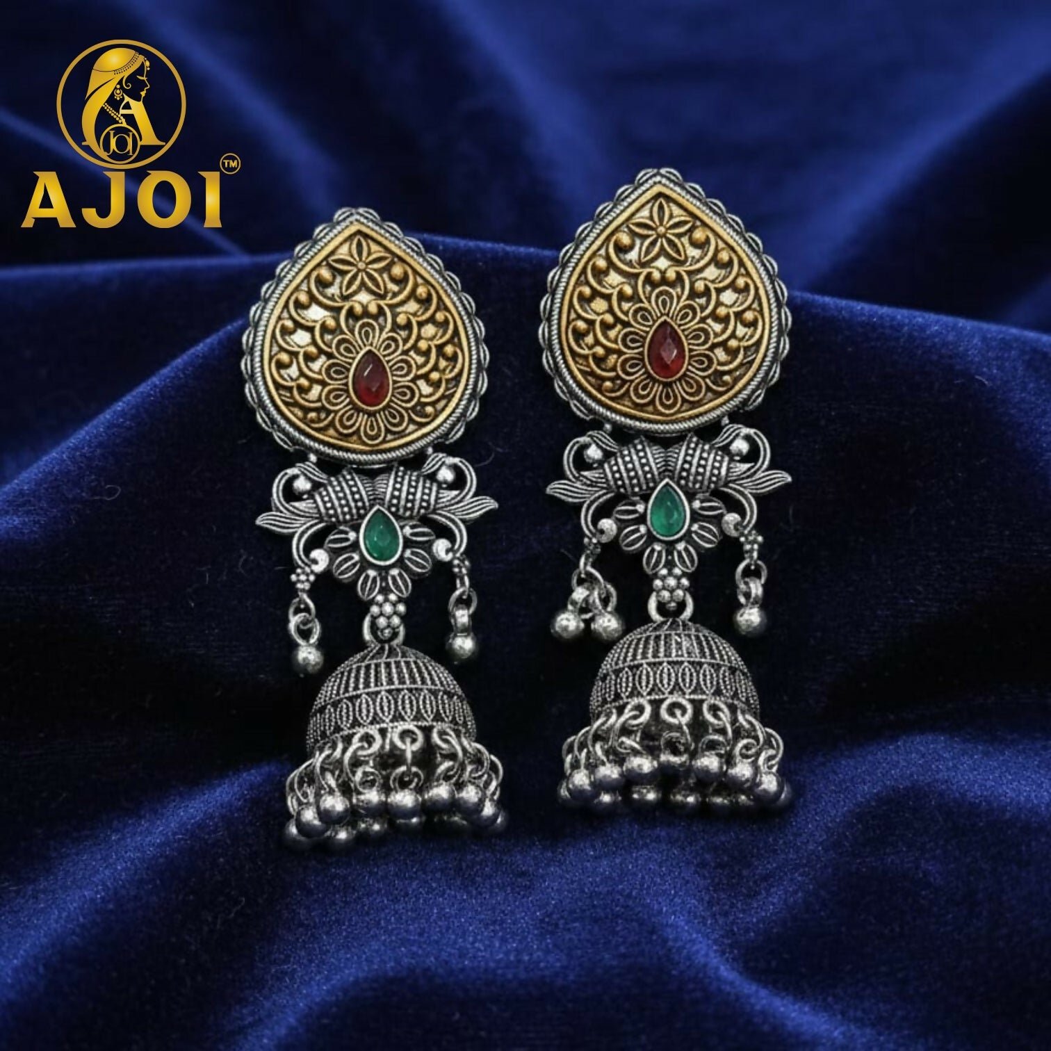 qjYghEZqkg.jpg Premium Dual Tone Stone Jhumka Earrings with Elegant Traditional Detailing - Image 1