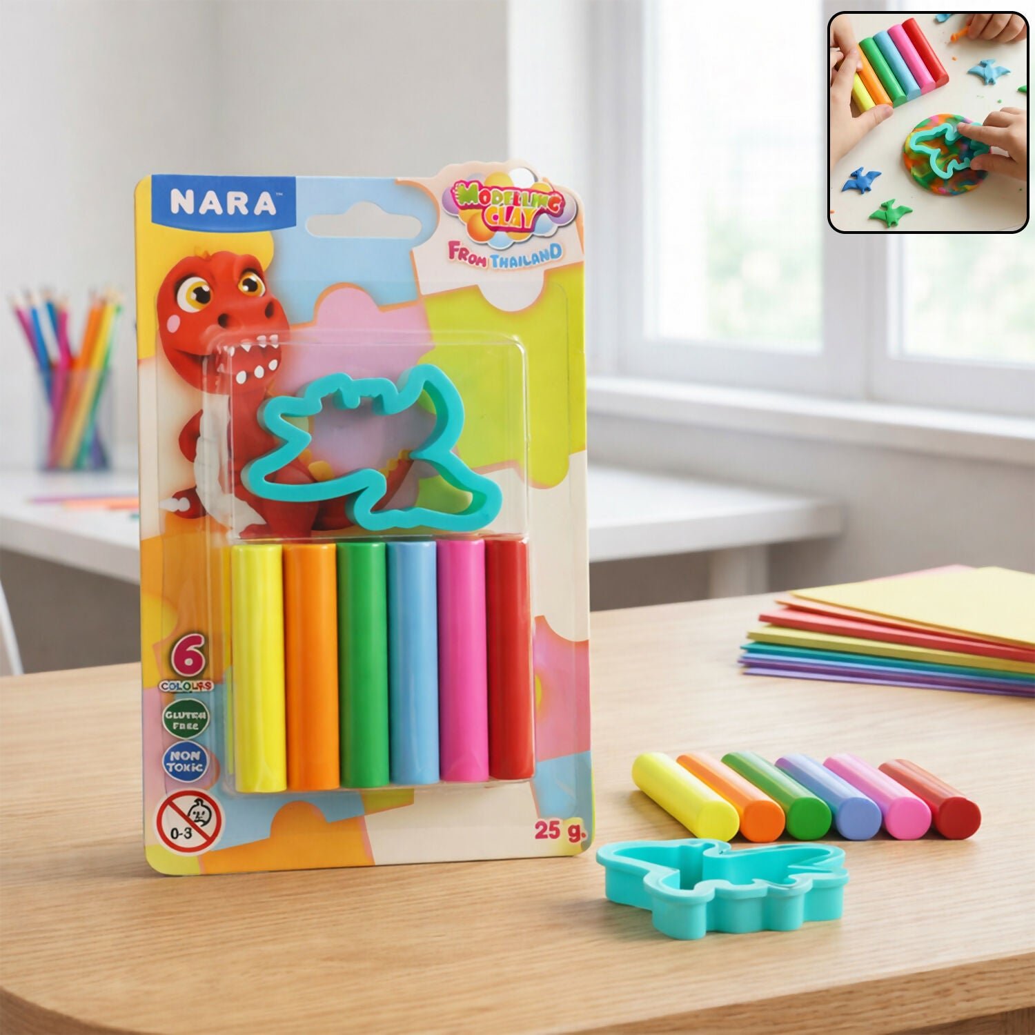 r9j5hyzVwK.jpg Nara 6 Color Modelling Clay Set with Dinosaur Cutter Creative Play Dough Kit for Kids (25 Gm) - Image 1