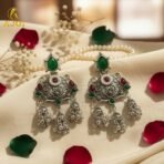 Premium Oxidised Silver Chandbali Jhumka Earrings with Green Stone