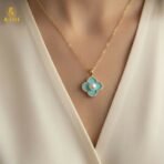 Elegant Gold Plated Floral Pendant Necklace with Pearl & Mint Enamel for Women - Image 2