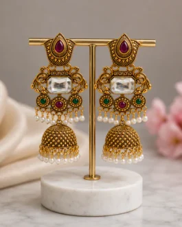 Traditional Gold Plated Kundan Jhumka Earrings with Pearl Drop for Women