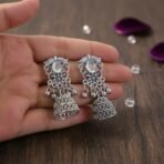 German Silver Jhumka Earrings with White Monalisa Stones - Image 2