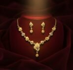 Elegant Gold-Tone Heart Motif Necklace Set with Designer Pendant & Matching Drop Earrings