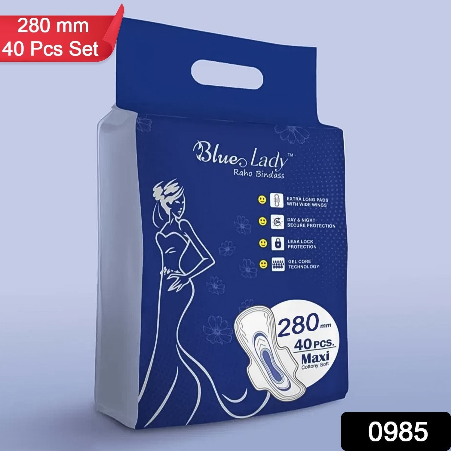 Beautiful Basics Blue Lady Long Pads With Wides Wings Sanitary Pads – 280 mm, 40-Pack - Image 2