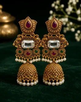 Traditional Gold Plated Kundan Jhumka Earrings with Pearl Drop for Women
