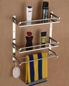 Multipurpose Wall Mounted Bathroom Shelf Organizer with Towel Bar and Storage Rack