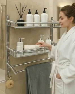 Multipurpose Wall Mounted Bathroom Shelf Organizer with Towel Bar and Storage Rack