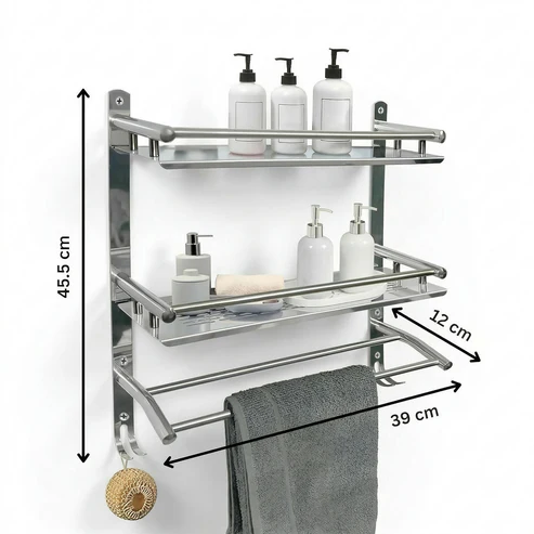 Multipurpose Wall Mounted Bathroom Shelf Organizer with Towel Bar and Storage Rack - Image 5