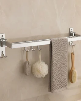 Wall Mounted Stainless Steel Towel Rod with Hooks Space Saving Bathroom Organizer