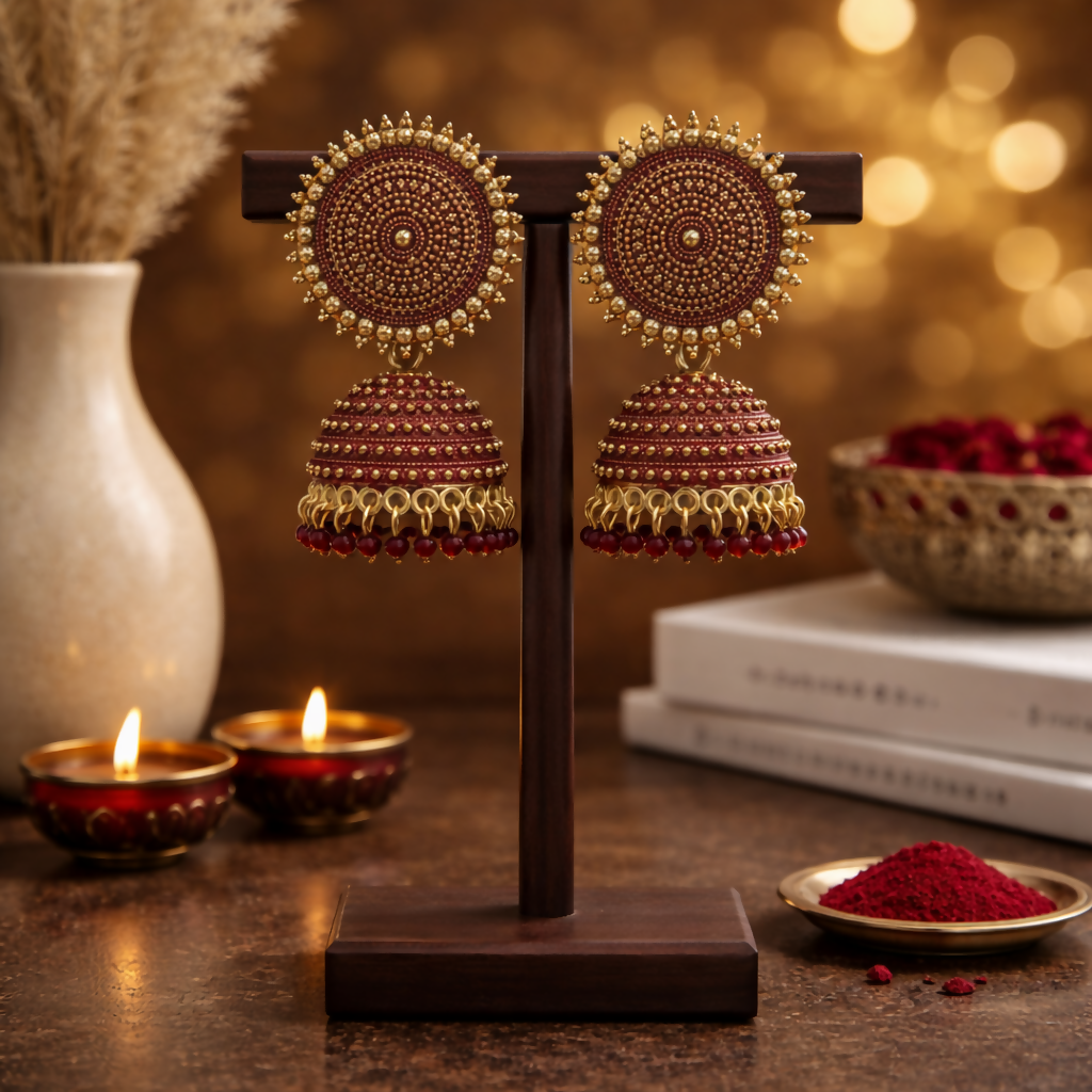v8QehgmxEz.png beautiful elegant oxidised jhumka earrings in maroon colour - Image 1