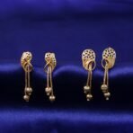 Vintage Inspired Geometric Gold Drop Earrings with Triple Bead Chain Drops (2 Pair) - Image 2