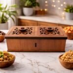 Premium 2 Compartment Wooden Dry Fruit Box with Carved Lid - Image 2