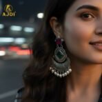 Antique Silver-Finish Chandbali Earrings with Green & Ruby-Tone Stones and Pearl Drops - Image 2