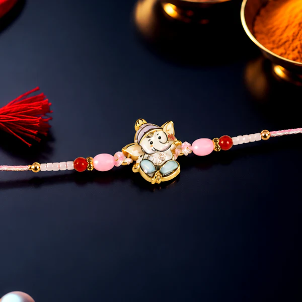 Cute Ganesha Designer Rakhi with Pink and Red Beads (1 Pc) - Image 6