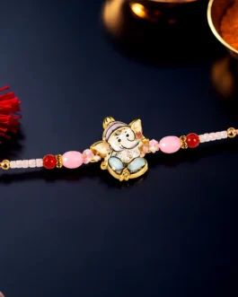 Cute Ganesha Designer Rakhi with Pink and Red Beads (1 Pc)