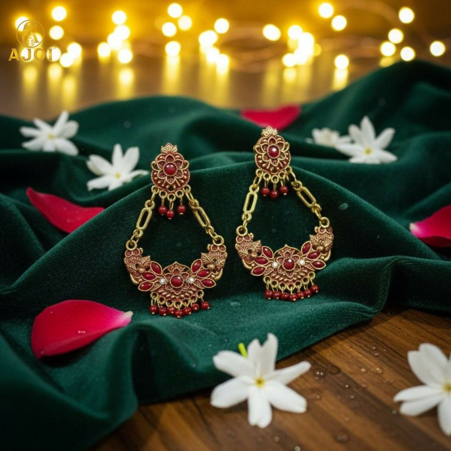 xDafQasCRR.jpg Antique Gold-Plated Red Stone Floral Chandbali Earrings for Women - Image 1