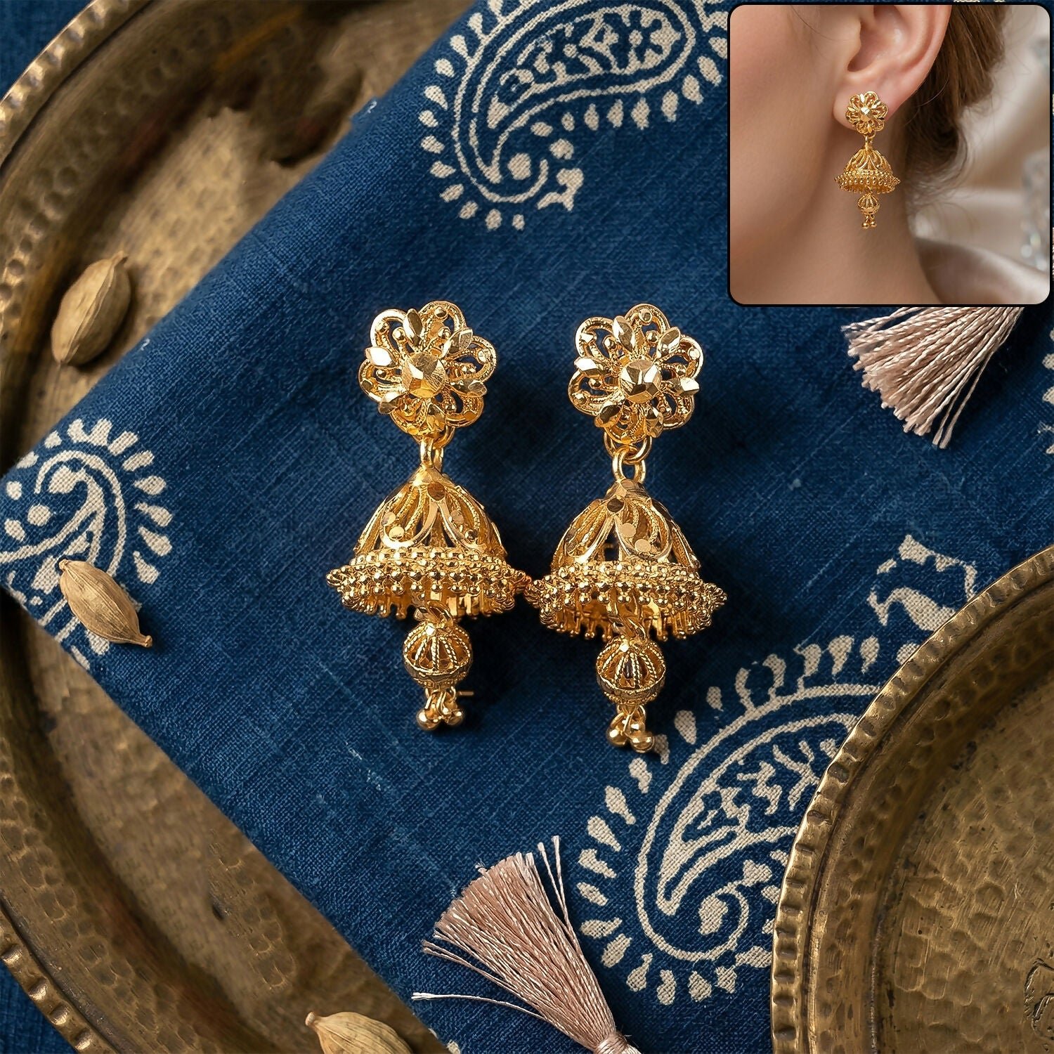xKvQs7FJbo.jpg Exquisite Ethnic Gold-Toned Jhumki Earrings for Weddings and Festive Wear - Image 1