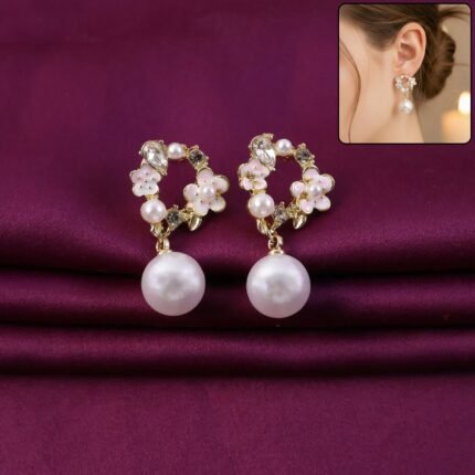 Vintage Rose Pearl Stud Earrings for Women – Elegant Gold Floral Design