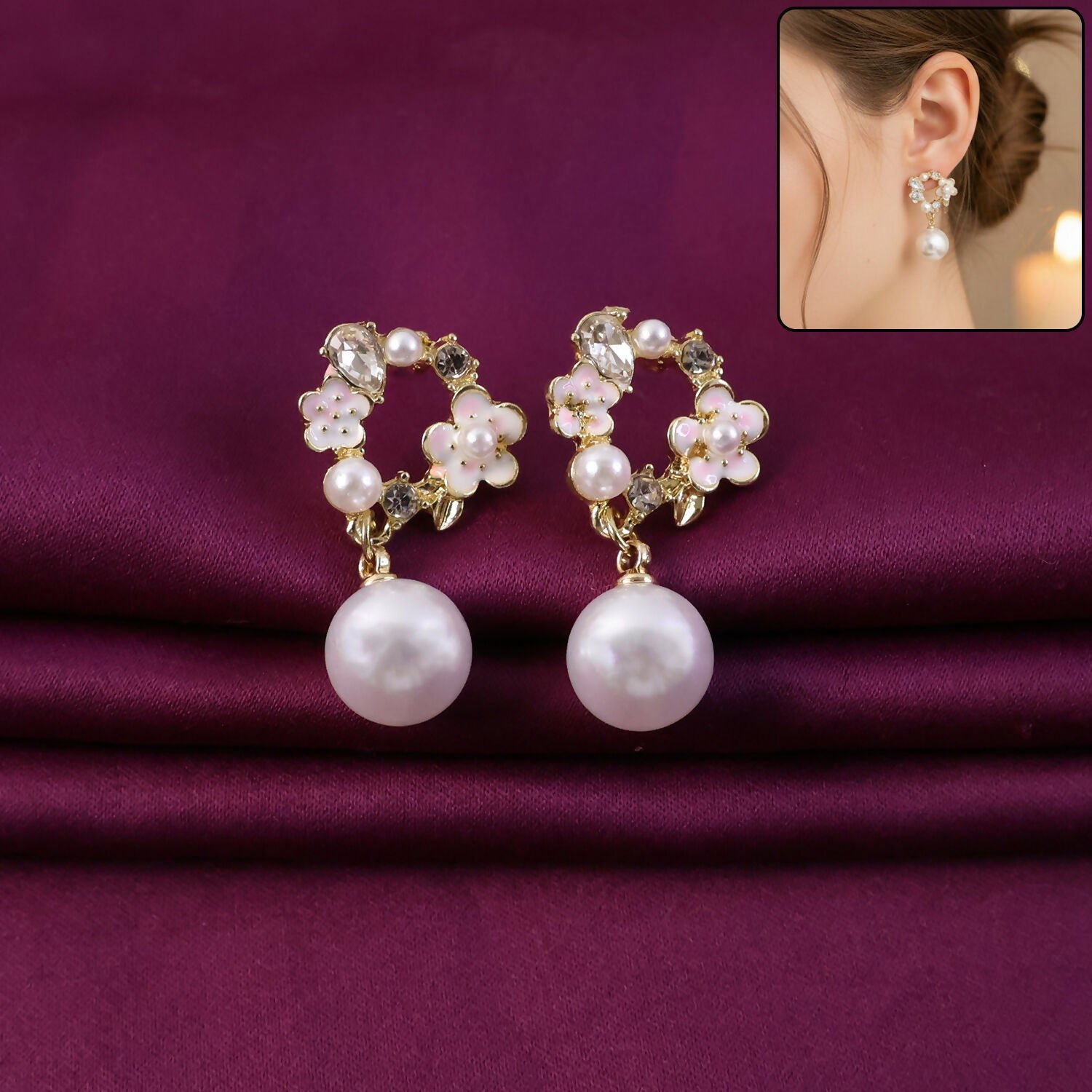 zU8iPCQZKG.jpg Vintage Rose Pearl Stud Earrings for Women – Elegant Gold Floral Design - Image 1