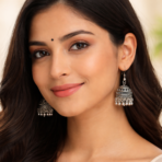 Traditional elegant silver oxidised hook jhumka earrings - Image 2