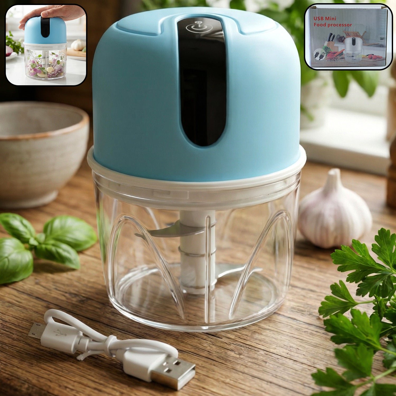 01_1ea965de-8962-4bae-b379-c5b26aa6abe6.jpg Wireless USB Rechargeable Mini Electric Garlic Chopper with 3 Blades (300ml) - Image 1