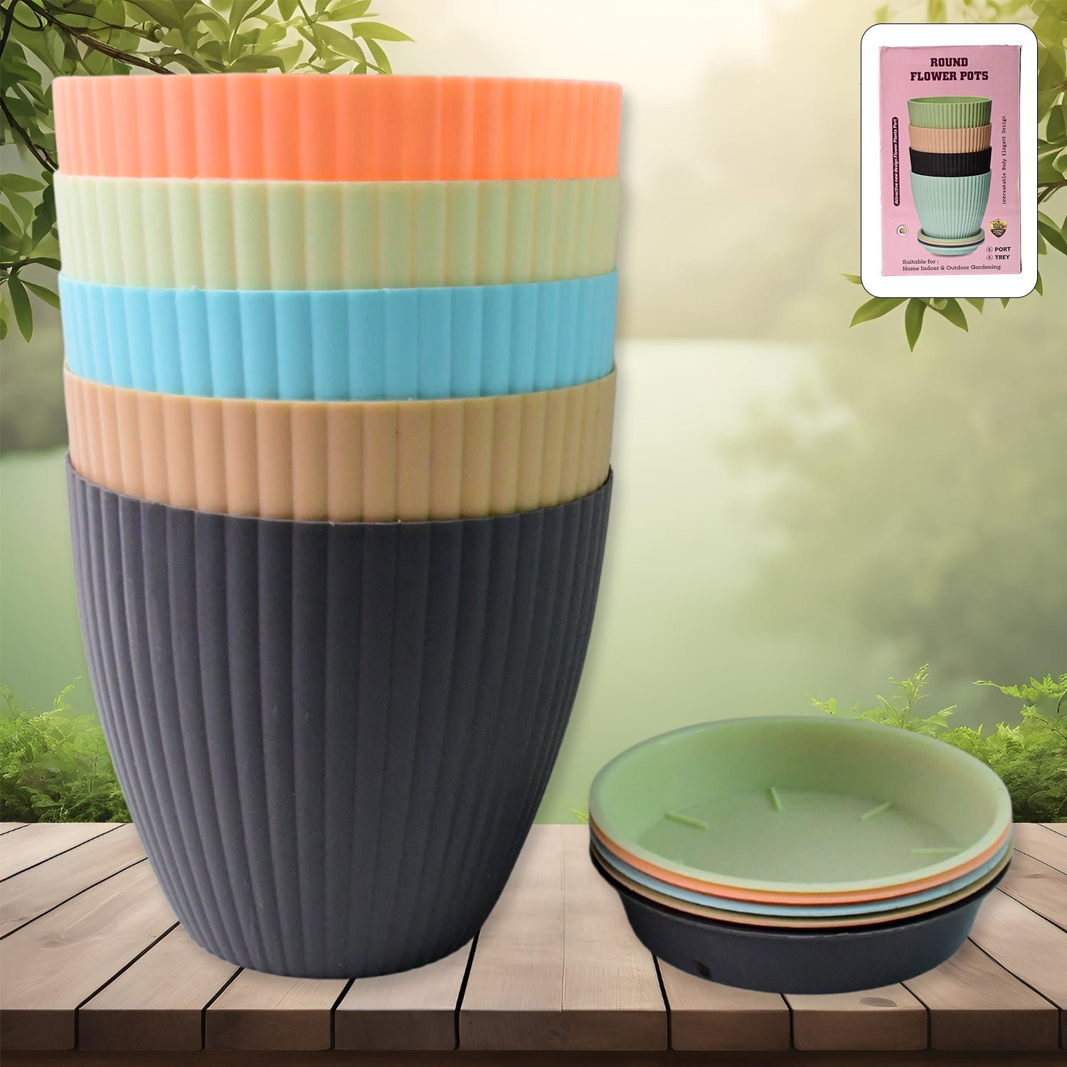01_55a807ba-71f6-4d7d-ba55-85d56e5d6cc3.jpg Round Plastic Flower Pot with Bottom Tray (5 Pcs Set / With Color Box) - Image 1
