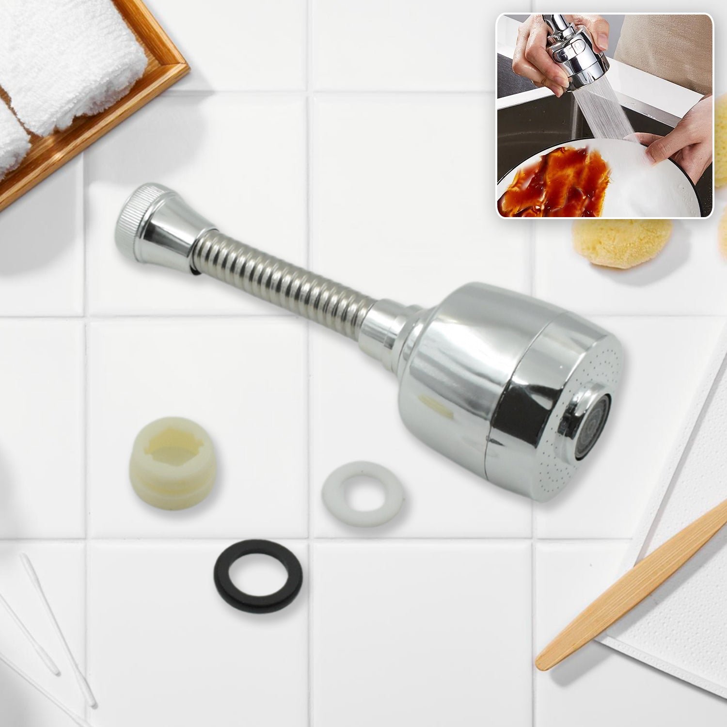 01_57a19173-ac21-4b62-bd0a-15f06073b702.jpg 360° Rotating Faucet Sprayer – Water-Saving Aerator for Kitchen & Bathroom (6 Inch) - Image 1