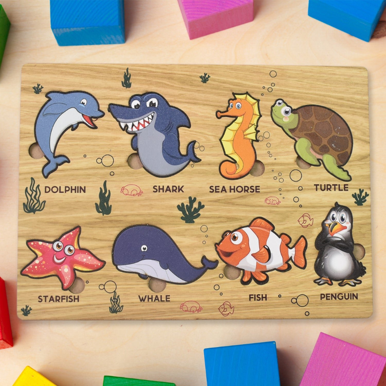01_6735e0b3-9d6c-4cb8-8ba8-8ad00b1e1d7a.jpg Seawater Animal Wooden Puzzle Learning Educational Board (1 Set) - Image 1