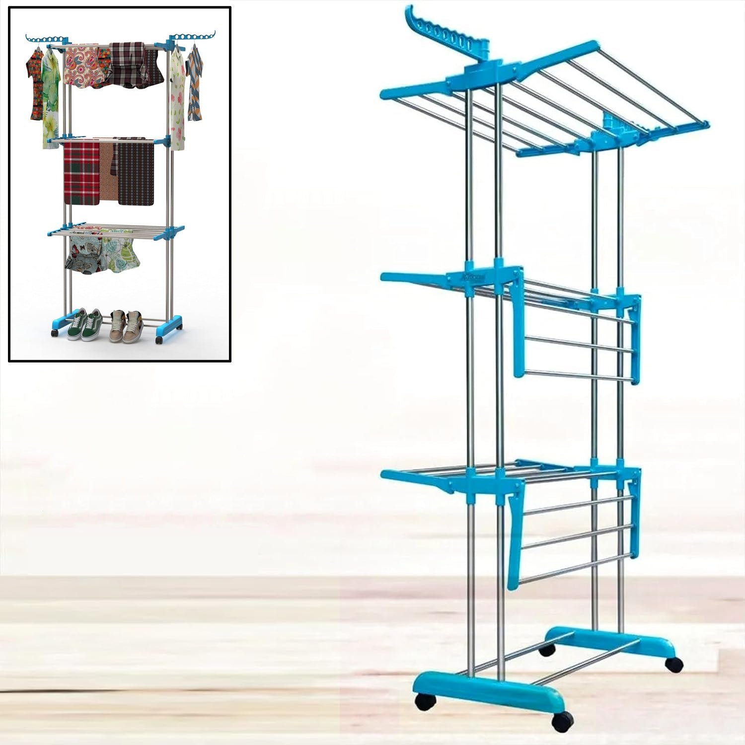 01_8dbaab13-fbd8-4a3f-abcf-814741ce30c7.jpg Premium Heavy Duty Stainless Steel 3 Layer Foldable Cloth Drying Stand (1 Set) - Image 1