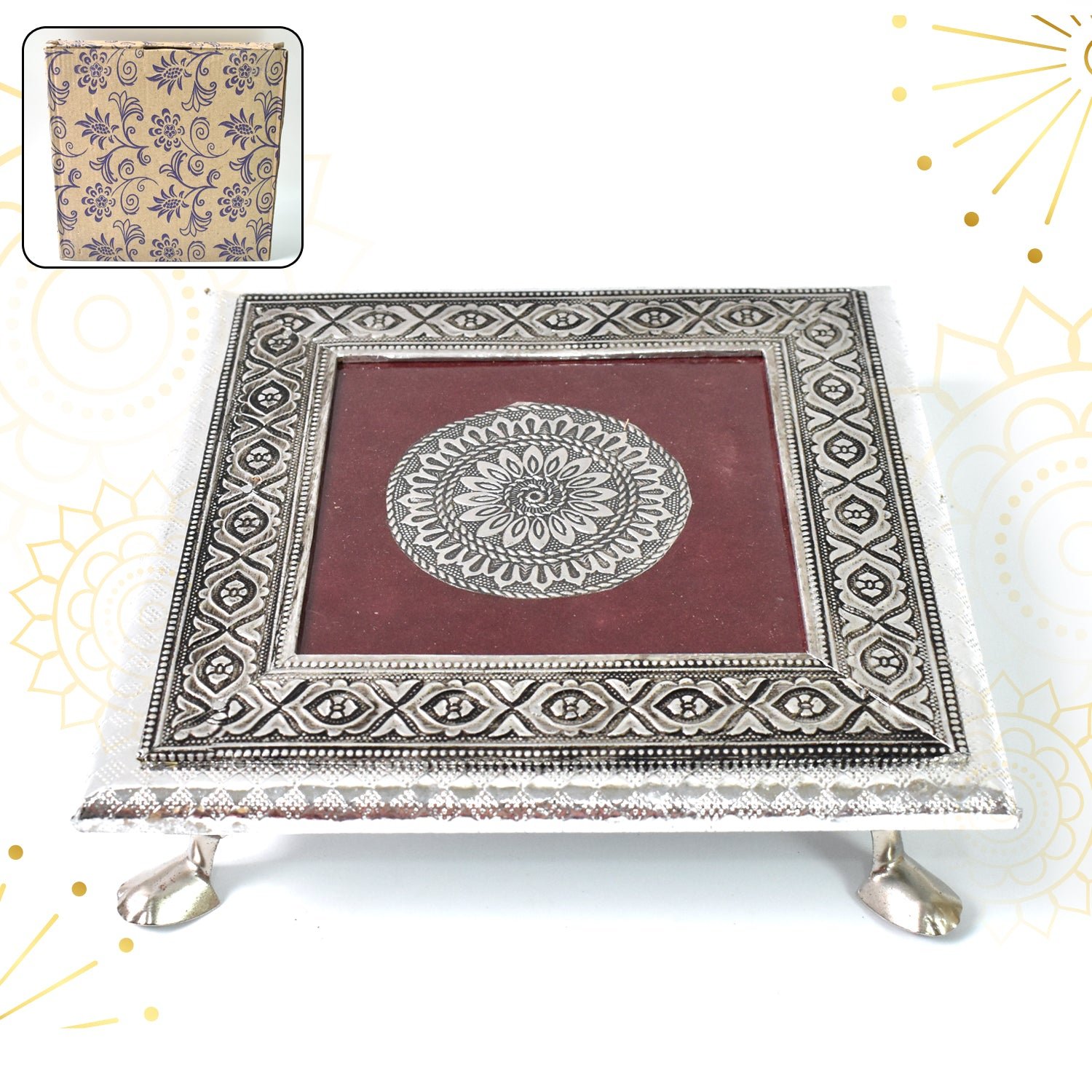 02_fd35703e-da60-45e6-8100-71066a4b6cfa.jpg Silver - Square Pooja Chowki Patla / Bajot (20×20 CM / 1 Pc) - Image 1