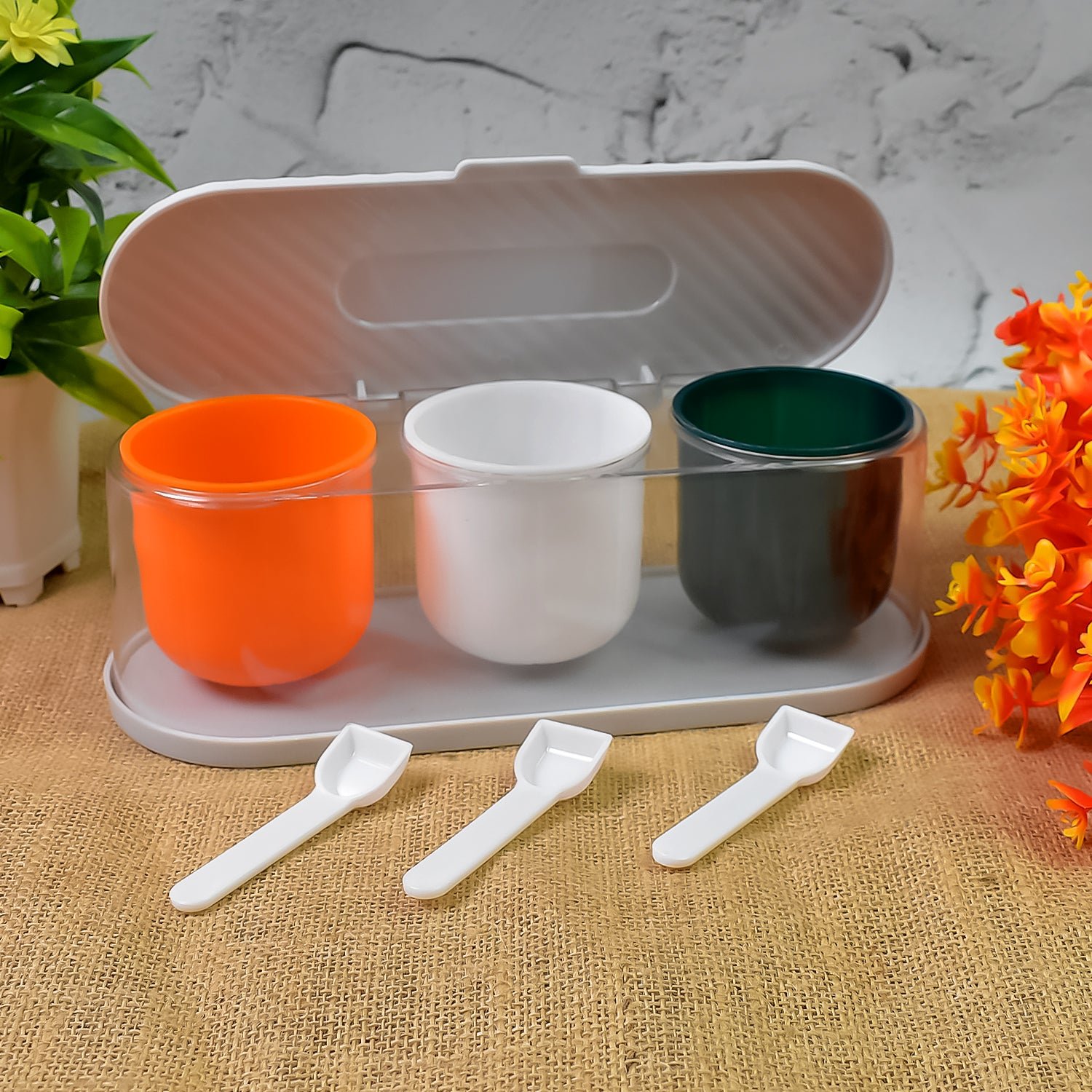 05_d6745544-caa4-4c05-8c50-fbb6f69e2b8e.jpg Home Kitchen 3 Grid Seasoning Spice / Masala Box Kit with Spoon (Multicolor / 1 Set) - Image 1