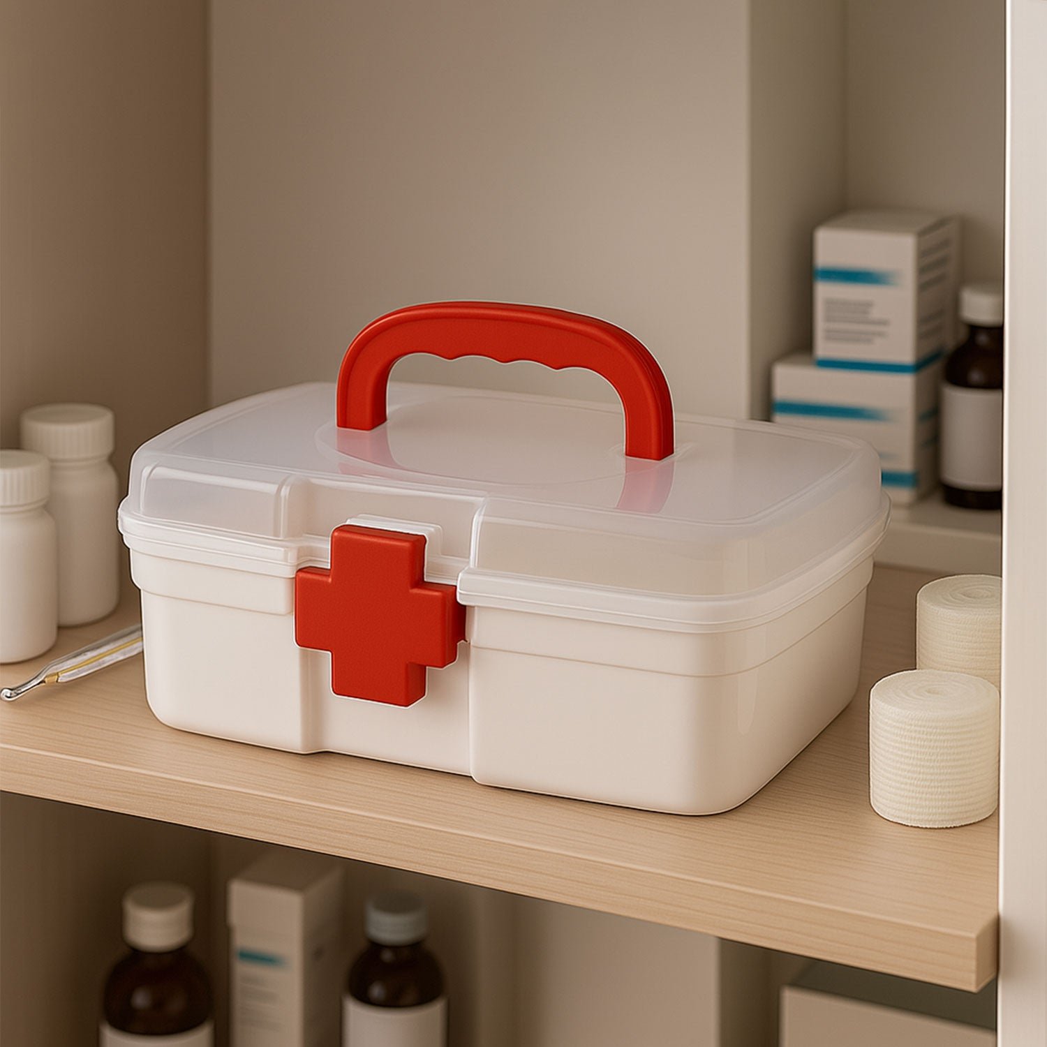 12980_3com_travel_medical_colorbox.jpg 3-Compartment First Aid Box – Portable Medicine Storage with Tray & Clear Lid - Image 1