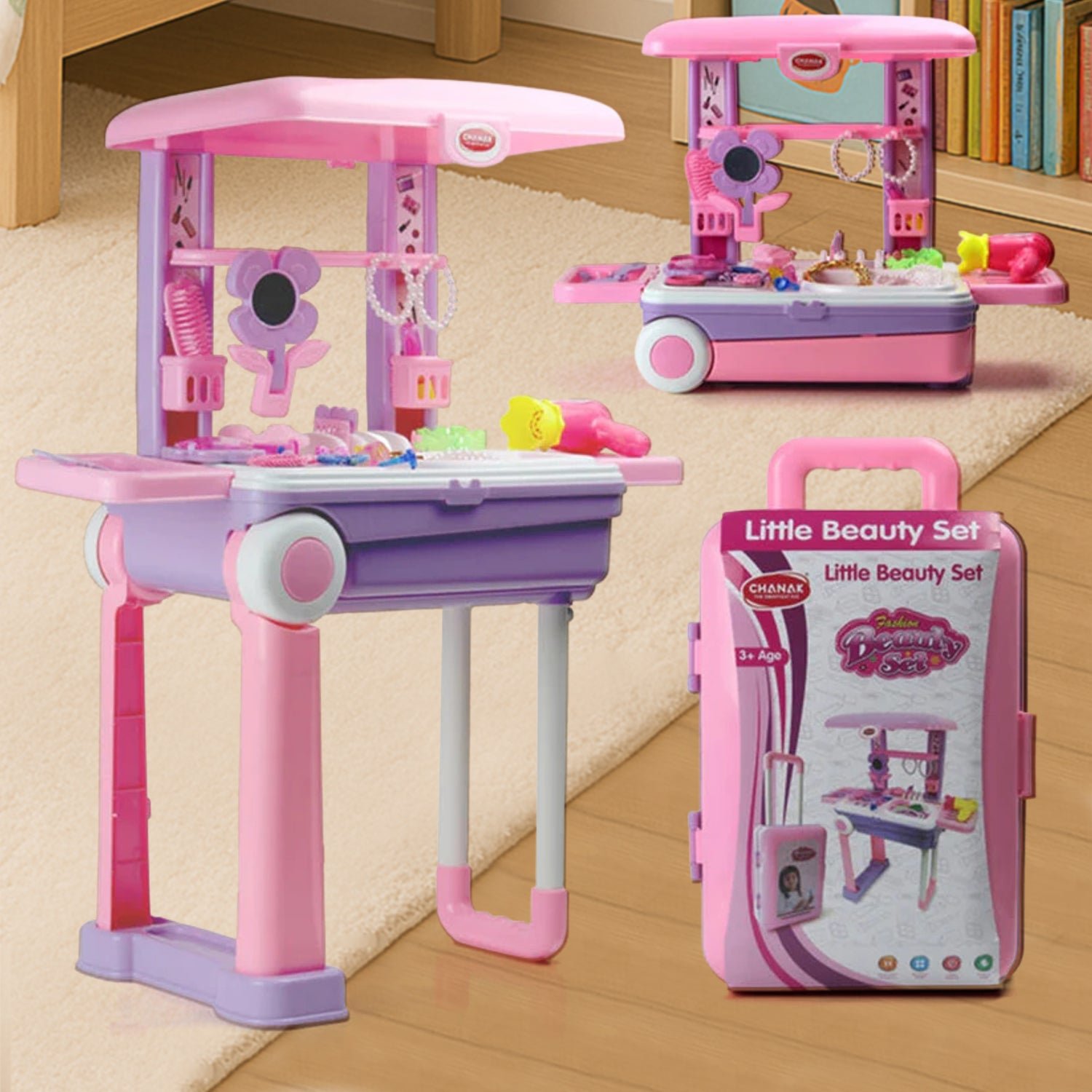 17746_beauty_set_trolley_at174.jpg Big Beauty Set Suitcase On Wheel, The Ultimate Beauty Set On Wheels for Girls, Makeup Kit is Easy to Clean & Use, Portable Beauty Set with 25 Pieces for 3 Years BIS Approved. (Beauty Set Trolley) - Image 1