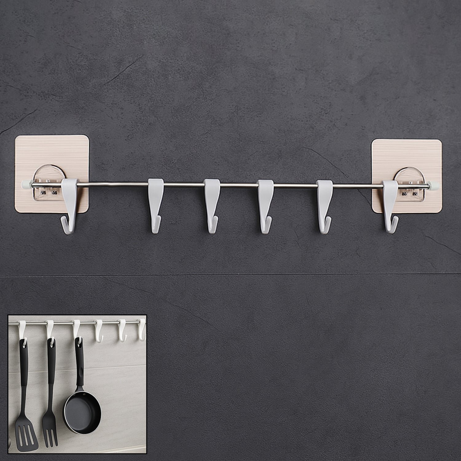 17968_ss_wall_hanging_hook.jpg Stainless Steel Utensil Hanger Rail Nail Free Wall Mount - Image 1