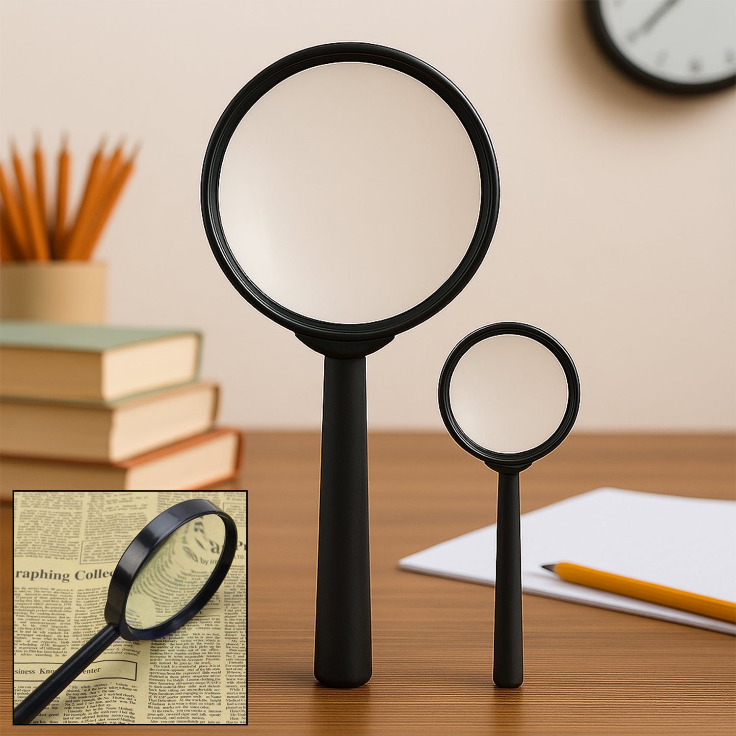 9145_magnifying_glass_lens_2pc.jpg Magnifying glass Lens - reading aid made of glass - real glass magnifying glass that can be used on both sides - glass breakage-proof magnifying glass, Protect Eyes, 90mm & 60mm (2pc Set) - Image 1